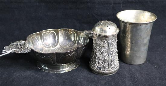 A Dutch silver brandy bowl with cast pierced foliate handles, Leeuwarden and two other items,